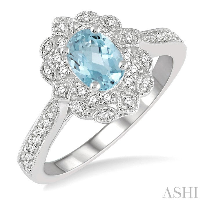 7x5 MM Oval Shape Aquamarine and 1/3 Ctw Round Cut Diamond Semi-Precious Ring in 14K White Gold