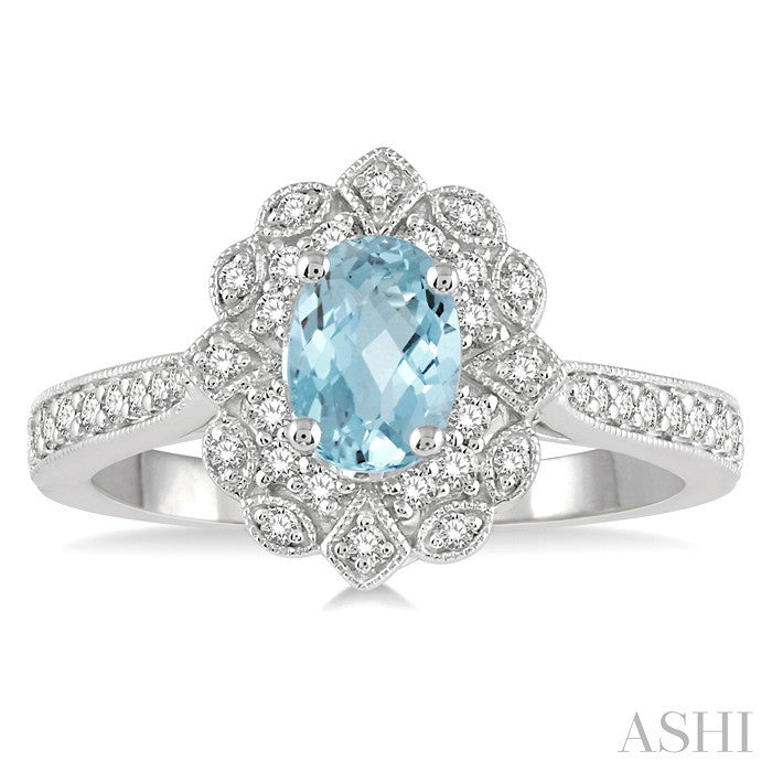 7x5 MM Oval Shape Aquamarine and 1/3 Ctw Round Cut Diamond Semi-Precious Ring in 14K White Gold