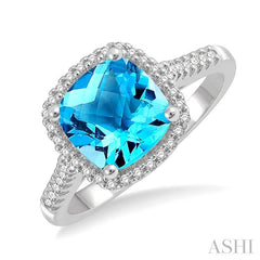 8x8 MM Cushion Shape Center Stone Blue Topaz and 1/5 Ctw Cushion Shape Mount Round Cut Diamond Semi-Precious Ring in 10K White Gold