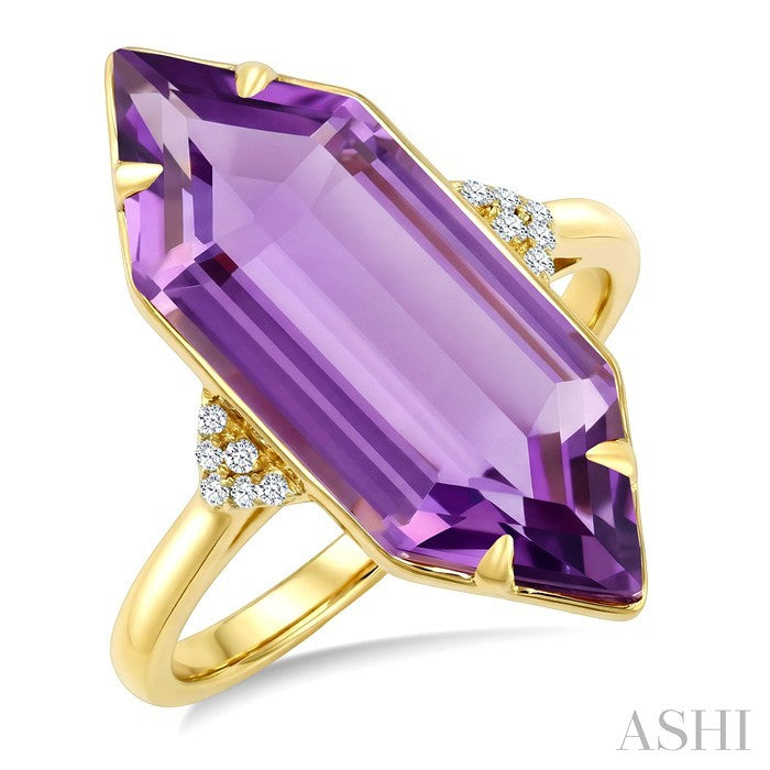 22X8 MM Hexagon Shape Amethyst and 1/20 Ctw Round Cut Diamond Semi-Precious Ring in 14K Yellow Gold