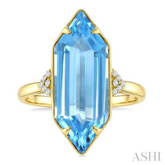 22X8 MM Hexagon Shape Blue Topaz and 1/20 Ctw Round Cut Diamond Semi-Precious Ring in 14K Yellow Gold