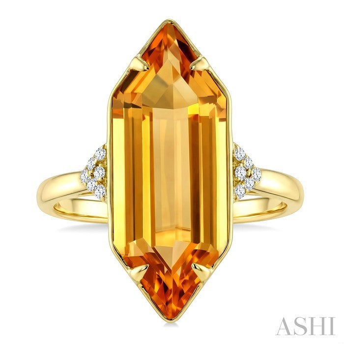 22X8 MM Hexagon Shape Citrine and 1/20 Ctw Round Cut Diamond Semi-Precious Ring in 14K Yellow Gold