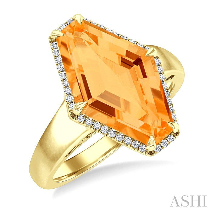 16x10 MM Hexagon Shape Citrine and 1/10 Ctw Round Cut Diamond Halo Semi-Precious Ring in 14K Yellow Gold