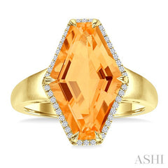 16x10 MM Hexagon Shape Citrine and 1/10 Ctw Round Cut Diamond Halo Semi-Precious Ring in 14K Yellow Gold