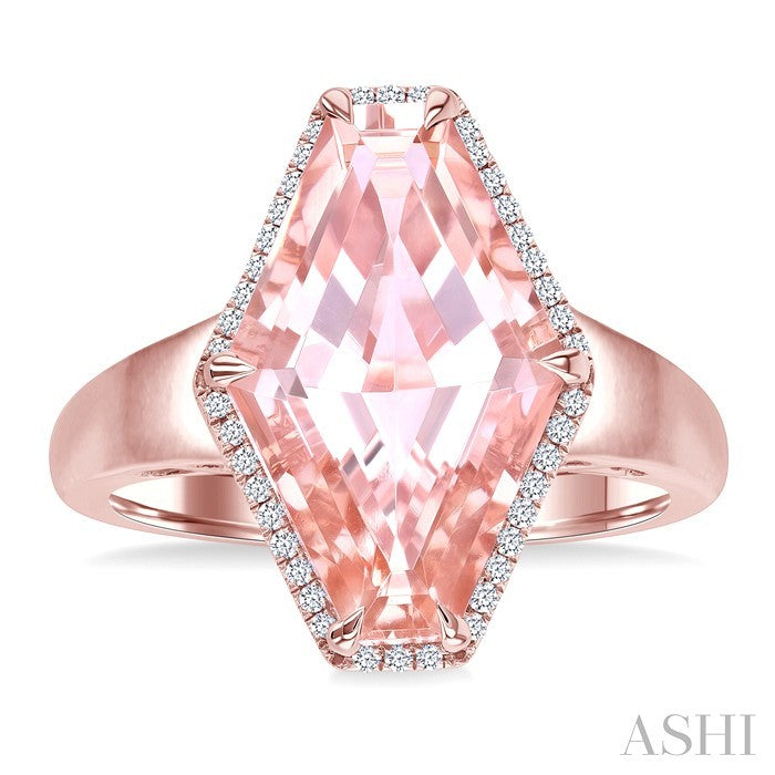 16x10 MM Hexagon Shape Morganite and 1/10 Ctw Round Cut Diamond Halo Semi-Precious Ring in 14K Rose Gold