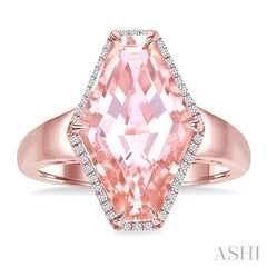 16x10 MM Hexagon Shape Morganite and 1/10 Ctw Round Cut Diamond Halo Semi-Precious Ring in 14K Rose Gold