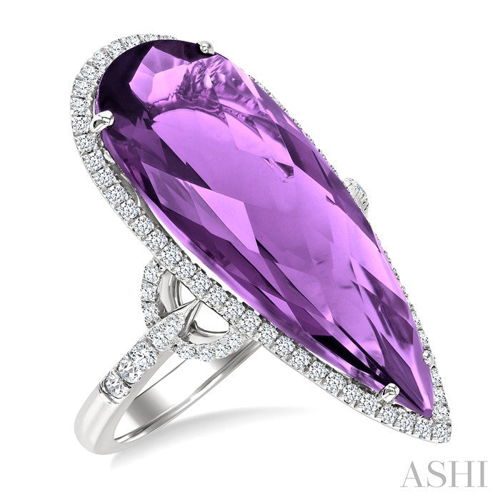 26X10 MM Pear Cut Amethyst and 1/2 Ctw Round Cut Diamond Halo Semi-Precious Ring in 14K White Gold