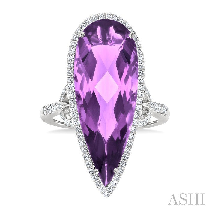 26X10 MM Pear Cut Amethyst and 1/2 Ctw Round Cut Diamond Halo Semi-Precious Ring in 14K White Gold