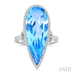 26X10 MM Pear Cut Blue Topaz and 1/2 Ctw Round Cut Diamond Halo Semi-Precious Ring in 14K White Gold