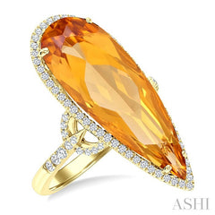 26X10 MM Pear Cut Citrine and 1/2 Ctw Round Cut Diamond Halo Semi-Precious Ring in 14K Yellow Gold