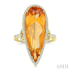 26X10 MM Pear Cut Citrine and 1/2 Ctw Round Cut Diamond Halo Semi-Precious Ring in 14K Yellow Gold