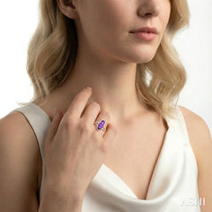 26x10 MM Oval Cut Amethyst and 1/2 Ctw Round Cut Diamond Halo Semi-Precious Ring in 14K Yellow Gold
