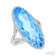 26x10 MM Oval Cut Blue Topaz and 1/2 Ctw Round Cut Diamond Halo Semi-Precious Ring in 14K White Gold