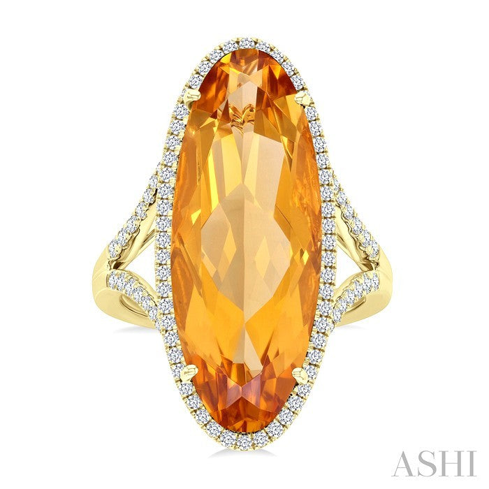 26x10 MM Oval Cut Citrine and 1/2 Ctw Round Cut Diamond Halo Semi-Precious Ring in 14K Yellow Gold