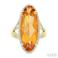 26x10 MM Oval Cut Citrine and 1/2 Ctw Round Cut Diamond Halo Semi-Precious Ring in 14K Yellow Gold
