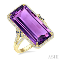 22x10 MM Emerald Cut Amethyst and 0.80 MM Round Sapphire & 1/4 Ctw Round Cut Diamond Halo Precious & Semi-Precious Ring in 14K Yellow Gold