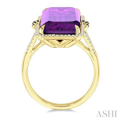 22x10 MM Emerald Cut Amethyst and 0.80 MM Round Sapphire & 1/4 Ctw Round Cut Diamond Halo Precious & Semi-Precious Ring in 14K Yellow Gold