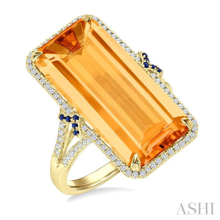 22x10 MM Emerald Cut Citrine and 0.80 MM Round Sapphire & 1/4 Ctw Round Cut Diamond Halo Precious & Semi-Precious Ring in 14K Yellow Gold