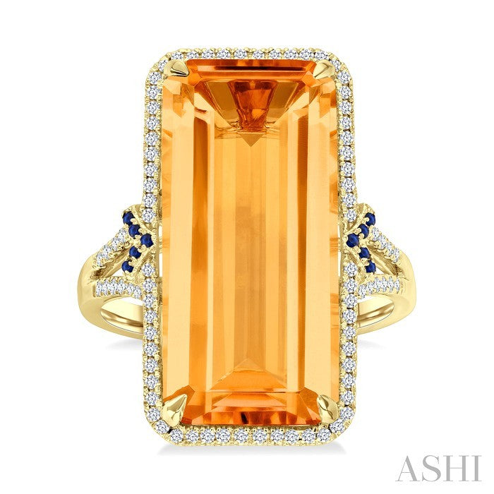 22x10 MM Emerald Cut Citrine and 0.80 MM Round Sapphire & 1/4 Ctw Round Cut Diamond Halo Precious & Semi-Precious Ring in 14K Yellow Gold