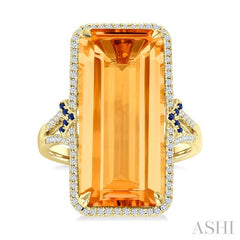 22x10 MM Emerald Cut Citrine and 0.80 MM Round Sapphire & 1/4 Ctw Round Cut Diamond Halo Precious & Semi-Precious Ring in 14K Yellow Gold