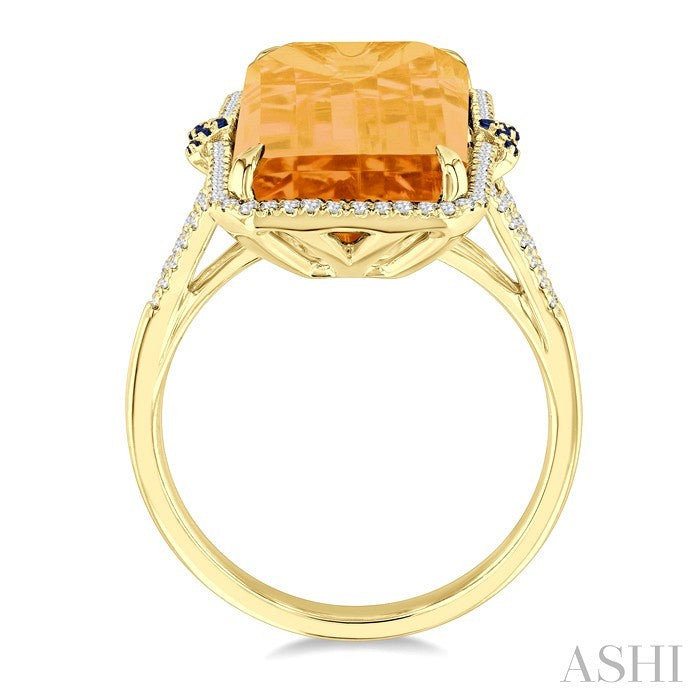 22x10 MM Emerald Cut Citrine and 0.80 MM Round Sapphire & 1/4 Ctw Round Cut Diamond Halo Precious & Semi-Precious Ring in 14K Yellow Gold
