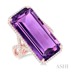 26x12 MM Emerald Cut Amethyst and 1/2 Ctw Round Cut Diamond Halo Semi-Precious Ring in 14K Rose Gold