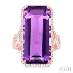 26x12 MM Emerald Cut Amethyst and 1/2 Ctw Round Cut Diamond Halo Semi-Precious Ring in 14K Rose Gold