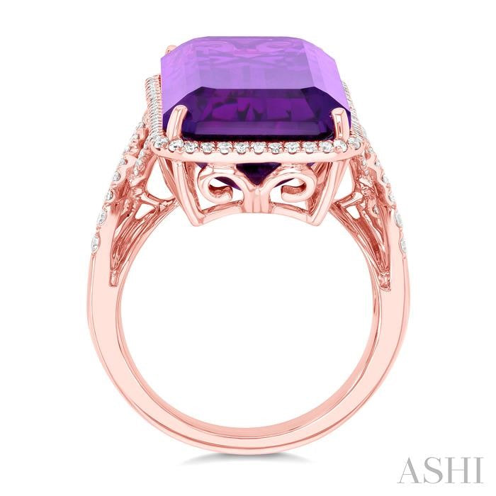 26x12 MM Emerald Cut Amethyst and 1/2 Ctw Round Cut Diamond Halo Semi-Precious Ring in 14K Rose Gold