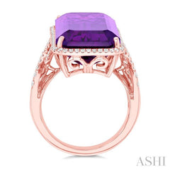 26x12 MM Emerald Cut Amethyst and 1/2 Ctw Round Cut Diamond Halo Semi-Precious Ring in 14K Rose Gold