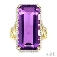 26x12 MM Emerald Cut Amethyst and 1/2 Ctw Round Cut Diamond Halo Semi-Precious Ring in 14K Yellow Gold