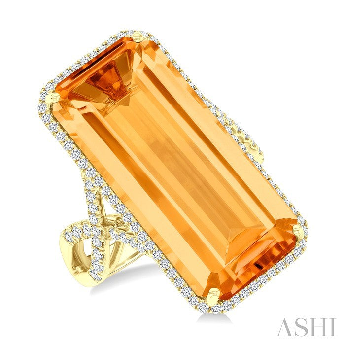 26x12 MM Emerald Cut Citrine and 1/2 Ctw Round Cut Diamond Halo Semi-Precious Ring in 14K Yellow Gold