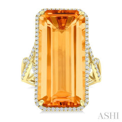 26x12 MM Emerald Cut Citrine and 1/2 Ctw Round Cut Diamond Halo Semi-Precious Ring in 14K Yellow Gold