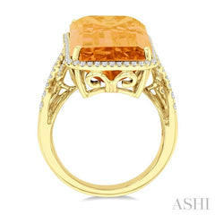 26x12 MM Emerald Cut Citrine and 1/2 Ctw Round Cut Diamond Halo Semi-Precious Ring in 14K Yellow Gold