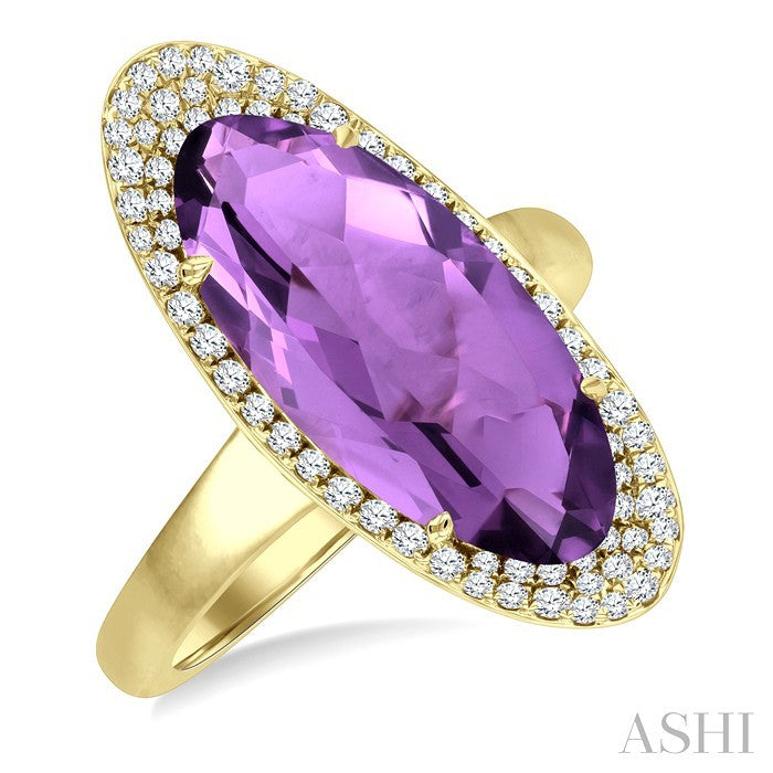18x8 MM Oval Cut Amethyst and 1/3 Ctw Round Cut Diamond Halo Semi-Precious Ring in 14K Yellow Gold