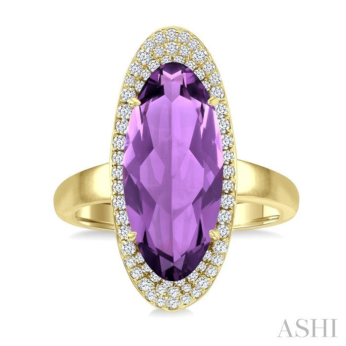 18x8 MM Oval Cut Amethyst and 1/3 Ctw Round Cut Diamond Halo Semi-Precious Ring in 14K Yellow Gold