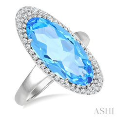 18x8 MM Oval Cut Blue Topaz and 1/3 Ctw Round Cut Diamond Halo Semi-Precious Ring in 14K White Gold