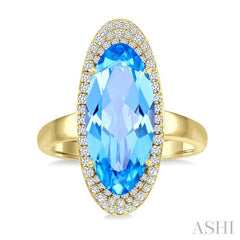 18x8 MM Oval Cut Blue Topaz and 1/3 Ctw Round Cut Diamond Halo Semi-Precious Ring in 14K Yellow Gold