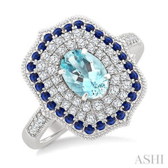 7x5 MM Oval Shape Aquamarine and 1.25 MM Round Shape Sapphire and 1/3 Ctw Round Cut Diamond Precious & Semi-Precious Fashion Ring in 14K White Gold