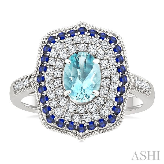 7x5 MM Oval Shape Aquamarine and 1.25 MM Round Shape Sapphire and 1/3 Ctw Round Cut Diamond Precious & Semi-Precious Fashion Ring in 14K White Gold