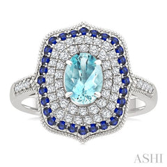 7x5 MM Oval Shape Aquamarine and 1.25 MM Round Shape Sapphire and 1/3 Ctw Round Cut Diamond Precious & Semi-Precious Fashion Ring in 14K White Gold
