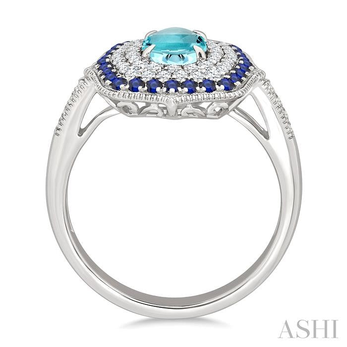 7x5 MM Oval Shape Aquamarine and 1.25 MM Round Shape Sapphire and 1/3 Ctw Round Cut Diamond Precious & Semi-Precious Fashion Ring in 14K White Gold