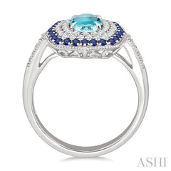 7x5 MM Oval Shape Aquamarine and 1.25 MM Round Shape Sapphire and 1/3 Ctw Round Cut Diamond Precious & Semi-Precious Fashion Ring in 14K White Gold