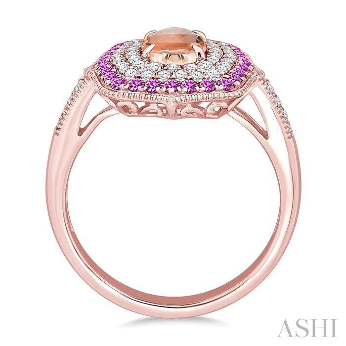 7X5 MM Oval Shape Morganite and 1.25 MM Round Shape Pink Sapphire and 1/3 Ctw Round Cut Diamond Precious & Semi-Precious Fashion Ring in 14K Rose Gold