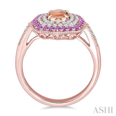 7X5 MM Oval Shape Morganite and 1.25 MM Round Shape Pink Sapphire and 1/3 Ctw Round Cut Diamond Precious & Semi-Precious Fashion Ring in 14K Rose Gold