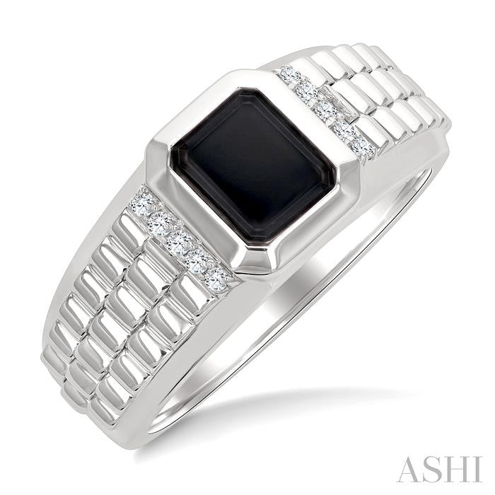 1/10 Ctw 8X7 MM Emerald Cut Onyx and Round Cut Diamond Semi-Precious Men's Ring in 10K White Gold