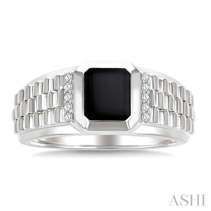 1/10 Ctw 8X7 MM Emerald Cut Onyx and Round Cut Diamond Semi-Precious Men's Ring in 10K White Gold