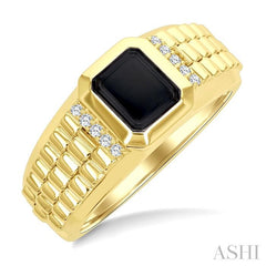 1/10 Ctw 8X7 MM Emerald Cut Onyx and Round Cut Diamond Semi-Precious Men's Ring in 10K Yellow Gold
