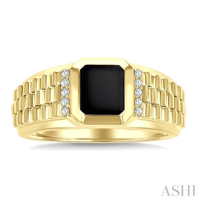 1/10 Ctw 8X7 MM Emerald Cut Onyx and Round Cut Diamond Semi-Precious Men's Ring in 10K Yellow Gold