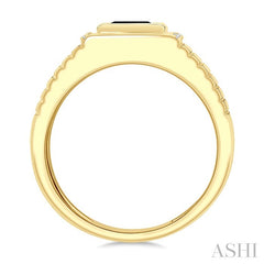 1/10 Ctw 8X7 MM Emerald Cut Onyx and Round Cut Diamond Semi-Precious Men's Ladder Groove Shank Ring in 10K Yellow Gold