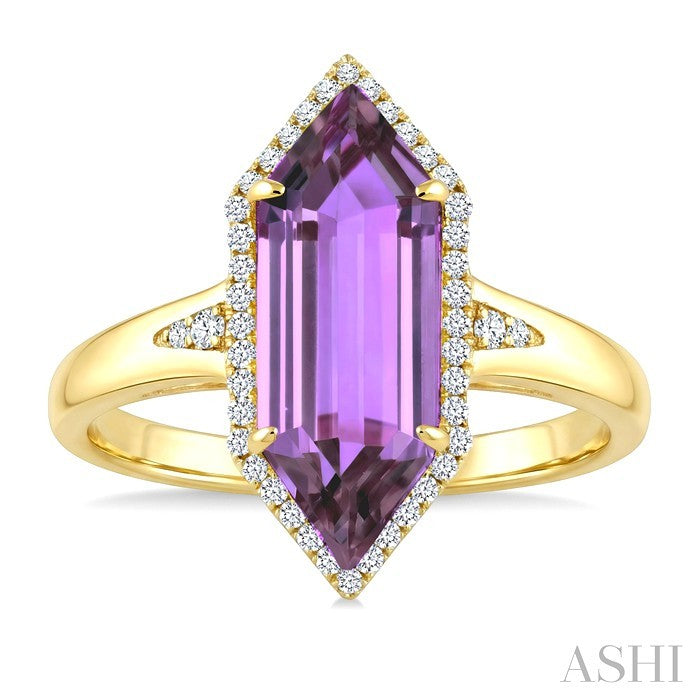 16X6 MM Hexagon Shape Amethyst and 1/5 Ctw Round Cut Diamond Semi-Precious Ring in 10K Yellow Gold